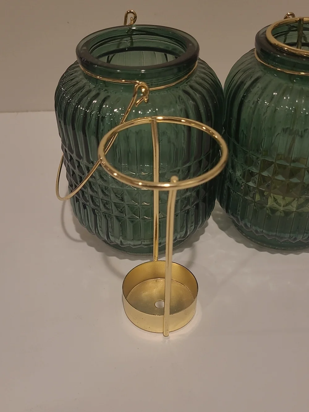 NWOT Green Textured Glass Lantern Pair with Gold Handles